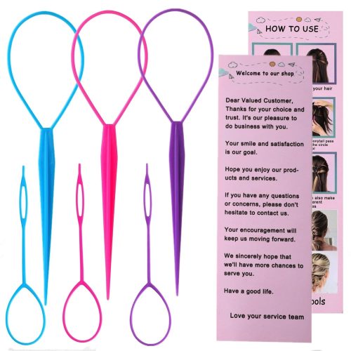 Aigee 6pcs Topsy Tail and Hair Loop Styling Tool Set – Ponytail Makers, French Braid Loops in Large and Small, Hair Pull Through Tools (Pink, Blue, Purple) for Women and Girls