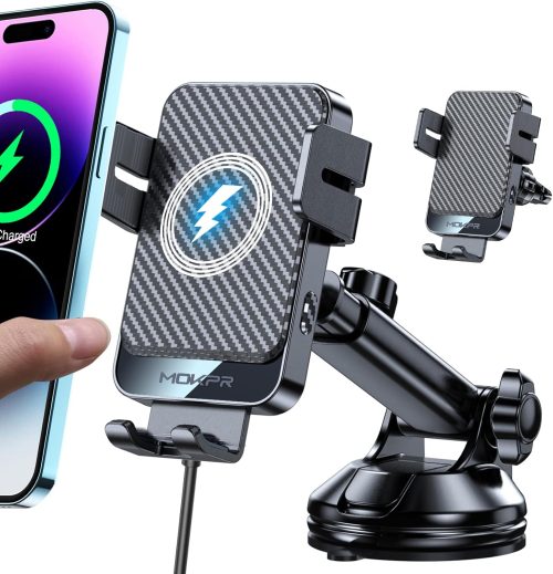 Wireless Car Charger, MOKPR 15W Fast Charging Auto-Clamping Car Mount Universal Hands-Free Car Charger Mount for Dash Windshield Air Vent Compatible with iPhone 16 15/14/13/12, Samsung S23/S22/S21,etc